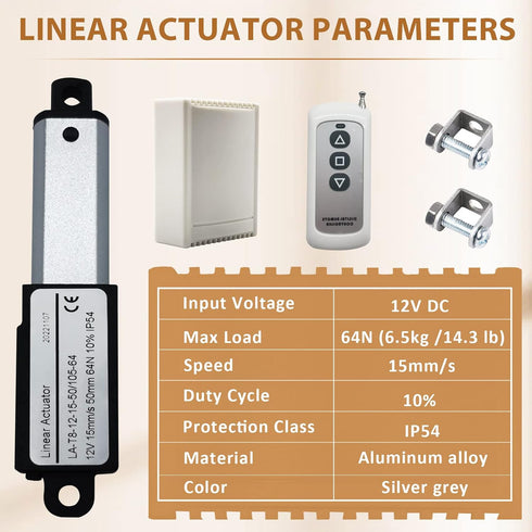 Micro Linear-Actuator 12V DC 64N/14.4lb with Remote Control, 2” Stroke Mini Metal Motion Actuator & Controller