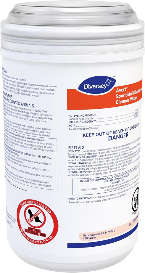 100895790 160-Wipes, 1-Canister Diversey Avert Sporicidal Disinfectant Cleaner, Hospital Grade Kills C. Difficile