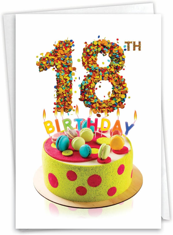 The Best Card Company - 18th Happy Birthday Greeting Card for Milestone Celebration, 18 Years Old, Cake Congrats