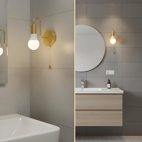 E26 Bulb Pull Chain Wall Sconce Gold Small Vintage Wall Light Fixture with Switch Hardwired Retro Metal Sconces Lights