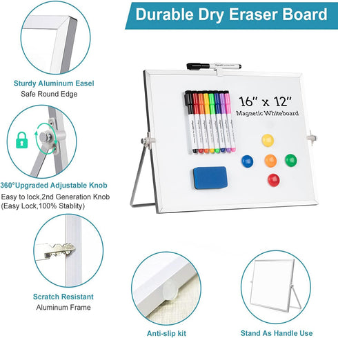 Cazeyoo Magnetic Desktop Whiteboard, 16 x 12inch with Stand, 10 Markers, 4 Magnets, 1 Eraser for Kids