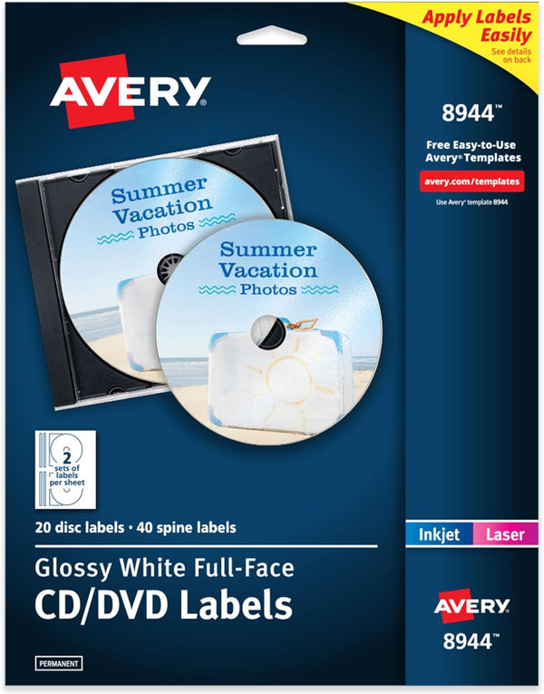 Avery Printable Full-Face CD Labels, Glossy White, 20 Disc & 40 Spine Labels, Permanent Adhesive