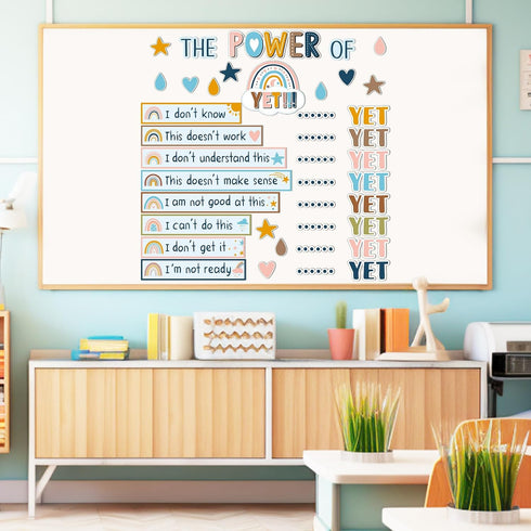 Boho The Power of Yet Classroom Bulletin Board Decoration, Rainbow Motivational Growth Mindset Cutouts for School