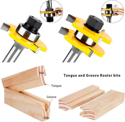 Set 2 1/2 Inch Set 3 KOWOOD Tongue and Groove of Pieces Shank Router Bit Teeth Adjustable T Shape Wood Milling Cutter