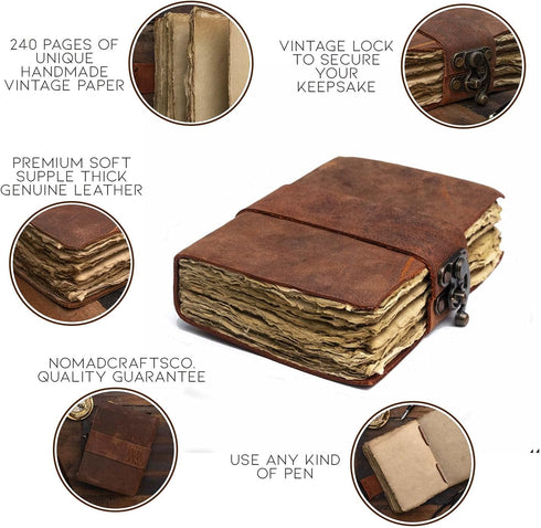 NomadCraftsCo. Vintage Leather Journal, Lock Closure, 240 Pages Antique Deckle Edge Paper for Grimoire