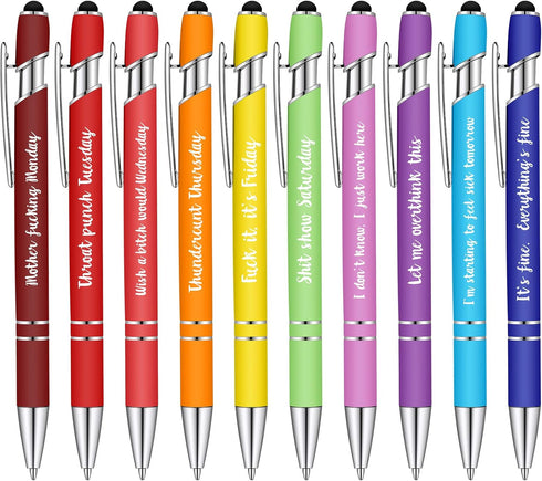 Outus 10 Pieces Funny Seven Days of the Week Pens with Sayings, 1.0 mm Black Ink Office Gifts - Black