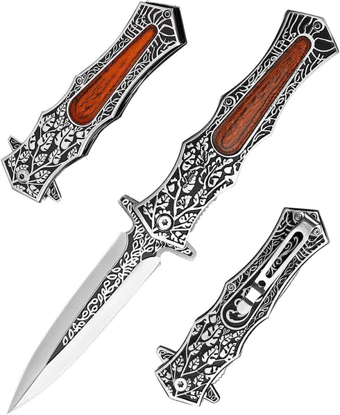 Folding Knife Stainless Steel Blade - 3D Retro Embossed Pattern, Pocket Clip for Men
