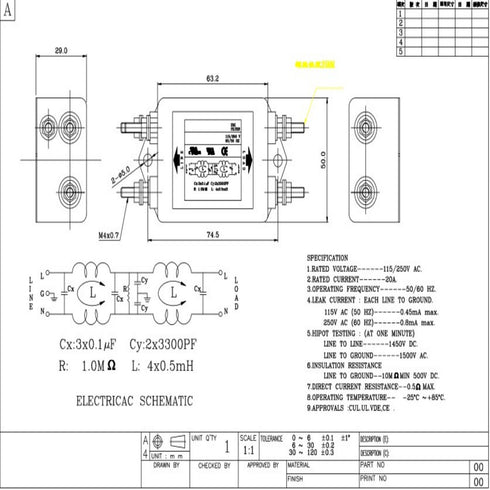 Noise Suppressor Power EMI Filter Terminal Single-Phase Line-Conditioner JREle AC 115/250V 20A