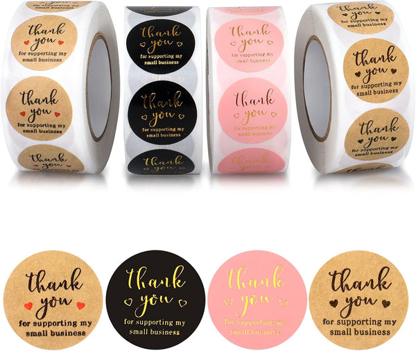 Thank You Round Stickers for Supporting My Small Business, Adhesive Labels, 3-Color, 1 inch (2000 Pcs, 4 Rolls)