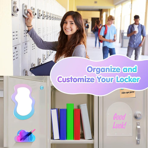 MoKo Locker Accessories Set, 5 in 1 Back to School Supplies, Magnetic Acrylic Board, Locker Mirror, Markers Holder