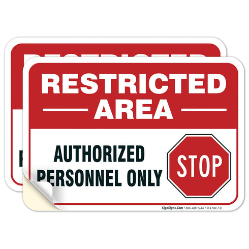 Restricted Area Authorized Personnel Only Stop Sign, 10x7 Inches, 4 Mil Vinyl Decal Stickers, 2 Pack, Made in USA