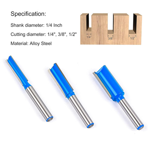 1/4 3PCS Set 1/4", 3/8", 1/2" Straight Dado Cut Router Bit Shank, Double Flute Plywood Straight Cut Router Bit