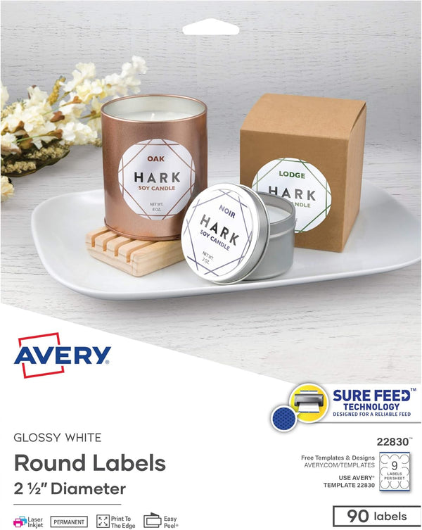 Avery Printable Round Labels, Sure Feed, 2.5" Diameter, Glossy White, 90 Customizable Labels (22830)