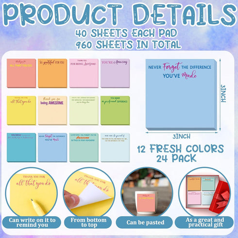 Yinder 24 Pcs Employee Appreciation Sticky Notes, Thank You Gifts Bulk Note Pads with Sayings, Mini Pocket