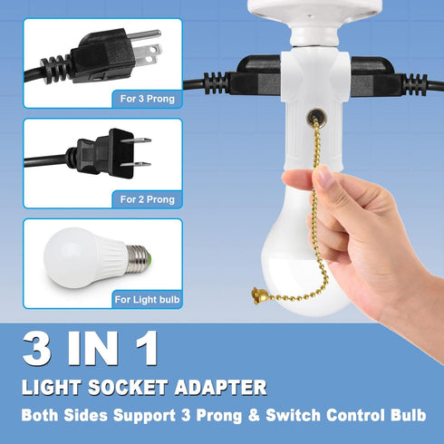 Light Socket to Plug Adapter, (2 Pack) Both Sides 3 Prong Light Bulb Outlet Socket Adapter, Heat-Resistant Materials Light Socket Adapter, Light Bulb Plug Adapter for Expansion Socket - White