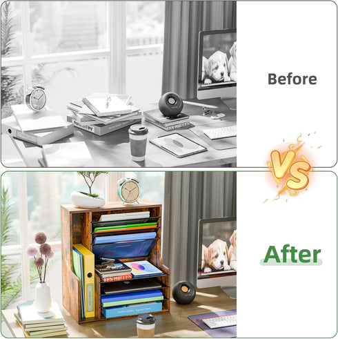 7 Simple Trending Tier Desk File Organizer, Wooden Letter Tray Paper Organizer with Adjustable File Holder, Mesh