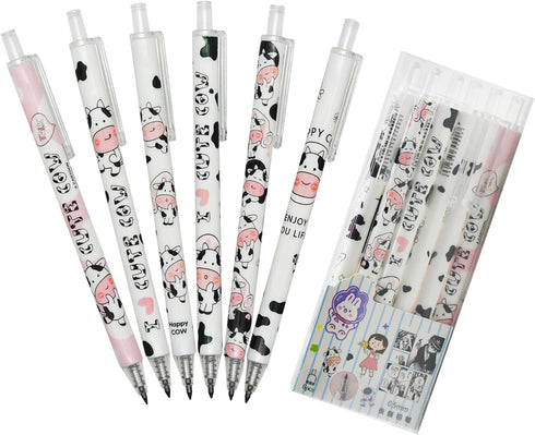 Maydahui 12Pcs Cartoon Milk Cow Eternal Pencils - Retractable HB 0.5mm Cow Print Everlasting Pencils