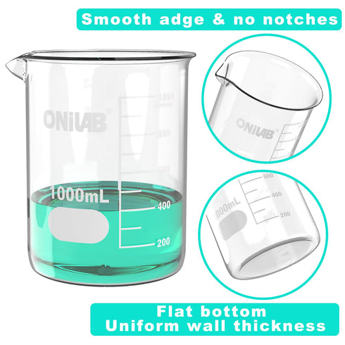 ONiLAB Glass Measuring Beaker Set, 50ml 100ml 250ml 500ml 1000ml (Pack of 5), 3.3 Boro Griffin Low Form with Printed
