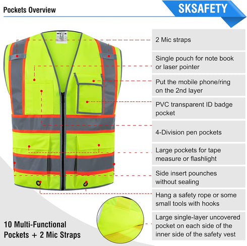 SKSAFETY 10 Pockets Safety Vest, Class 2 High Visibility Security with Zipper Back Mesh, Hi Vis Vest with Reflective