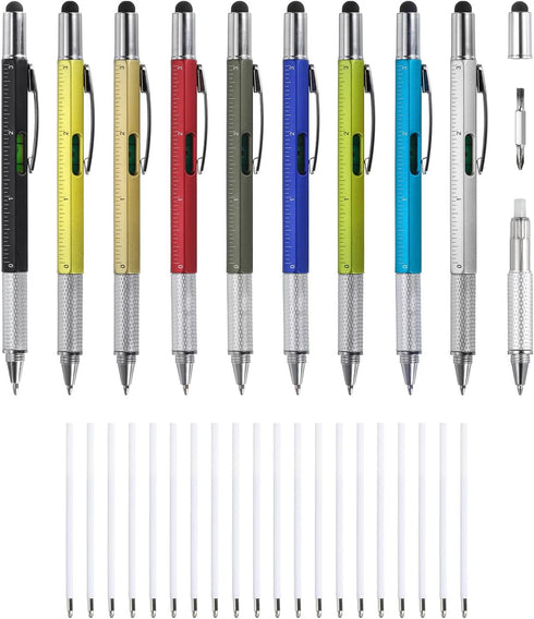 MECCANIXITY 9 Pcs 6 in 1 Multitool Tech Tool Pen Gifts for Men, Includes Ballpoint Pen, Ruler, Screwdriver, Stylus