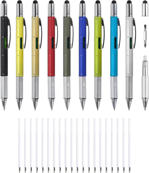 MECCANIXITY 9 Pcs 6 in 1 Multitool Tech Tool Pen Gifts for Men, Includes Ballpoint Pen, Ruler, Screwdriver, Stylus