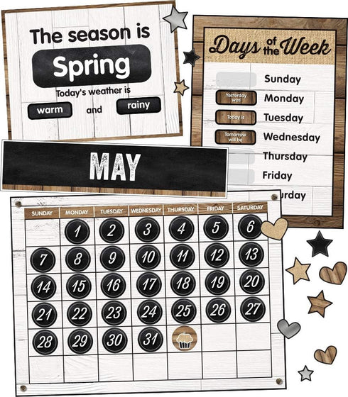 Schoolgirl Style Industrial Chic Bulletin Board Set—Farmhouse Monthly Calendar, Rustic Heart, Star, Cupcake Birthday and Special Occasion Accents, Seasons and Days of the Week Charts, (95 pc) by Schoolgirl Style