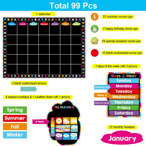Chalkboard Brights Calendar Bulletin Board Set Colorful Classroom Decoration 99 Pcs