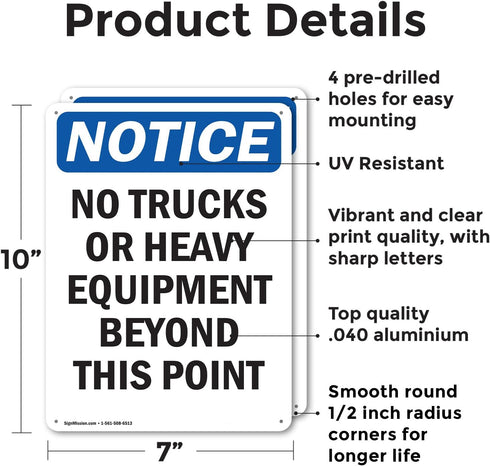 (2 Pack) No Trucks Or Heavy Equipment Beyond OSHA Notice Sign - 7 Inch X 10 Inch Aluminum Metal Signs