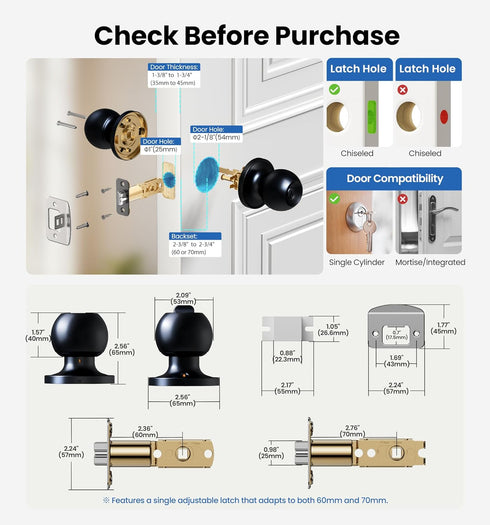 Set 3-Pack, Veise Keys Alike Door Knob Bedroom Door Lock with Keys, Heavy-Duty Rust-Proof Construction, Door Handle