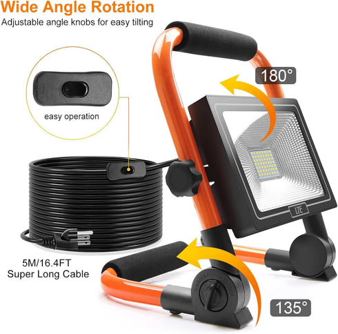 50W 4300LM 500W IP66 16.4FT 5000K LTE LED Work Light, Equivalent Portable Light Waterproof Outdoor Flood Lights Cable