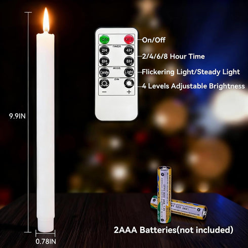 SUNGEGE 9.9 Inch 6 Pack Dimmable Flameless Taper Candles Battery Operated Ivory Realistic Flickering Flame Remote