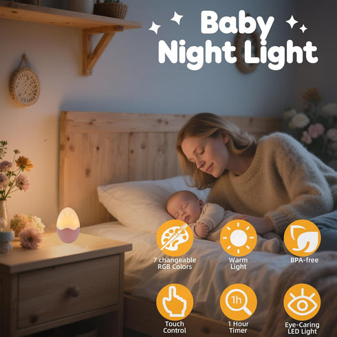 7 Kids Night Light, LED Touch Baby Egg Light for Nursery, Warm White & RGB Colors Changing, Tumbler Touch Night Lamp