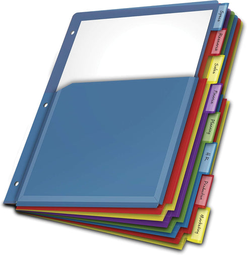 Cardinal 8-Tab Expanding Plastic Binder Dividers, Flexible Front Pockets, Insertable Multicolor Tabs, Letter Size
