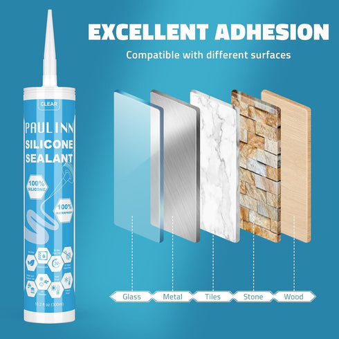 PAULINN Clear Silicone Sealant, 100% Waterproof Adhesive Caulk for Home, RV, Marine, 10.2 Oz, 1 Pack