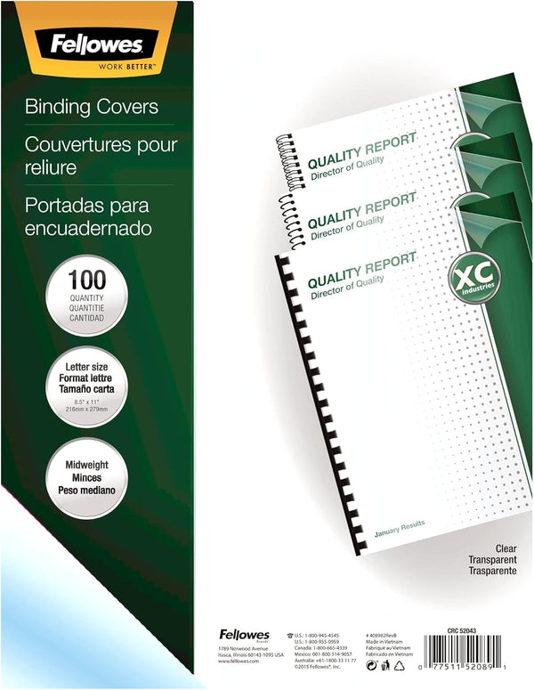 Fellowes Binding Presentation Covers, 8mil, Clear, 100 Pack, Letter Size
