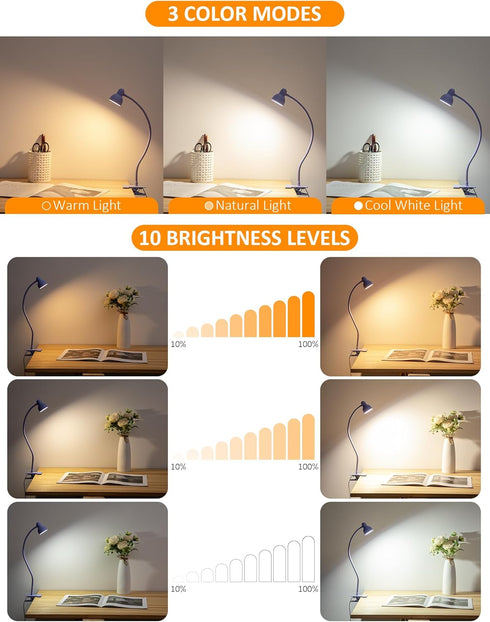 Clip on Lamp USB Reading Light, 3 Color Modes, 10 Brightness Dimmable, Flexible Gooseneck Desk Lamp with Clamp, Eye Care Clip on Light for Bed Headboard Desk Home Dorm by LiFMIRA
