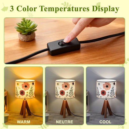 14.96in, 9W 3-Color Dried Flowers Tripod Table Lamp LED Cute Bedside Lamp with Flowers Linen Lampshade for Nursery