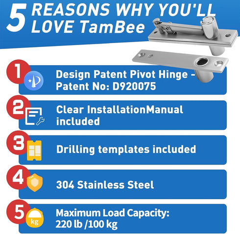 360 TamBee Door Pivot Hinges Heavy Duty Hinges for Wood Doors Degree Shaft Stainless Steel Pivot Hinge System