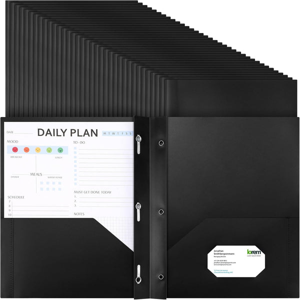 Cholemy 36 Pcs Plastic Pocket Folders, Heavy Duty with 2 Pockets and 3 Prongs, Letter Size Bulk File Folders (Black)