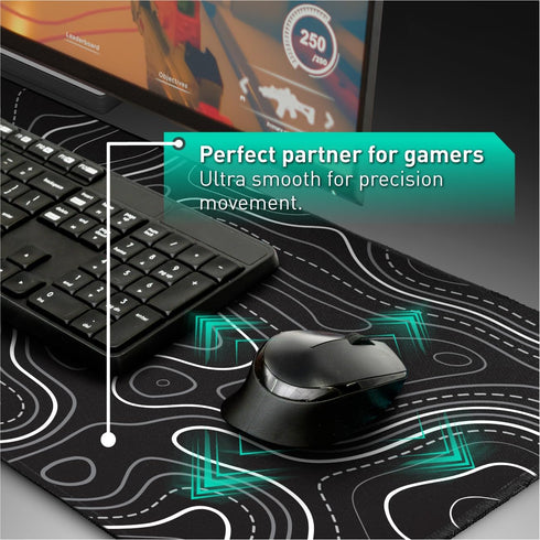 Minimalist Topographic Map Mouse Pad, Extended Large Black & White Non-Slip XXL Gaming Desk Mat with Stitch Edge