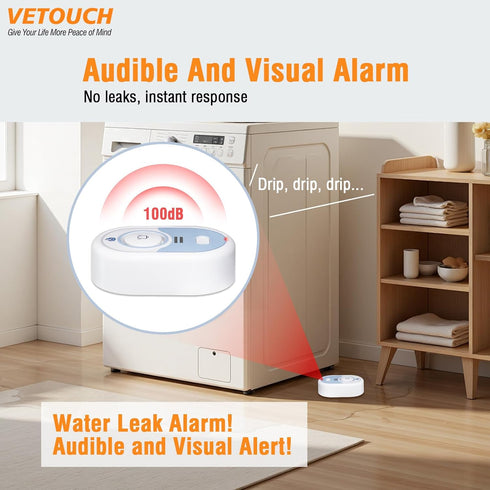 VETOUCH 100dB 3-Pack Water Leak Detector with Loud Alarm, Siren & LED Flash, Water Sensor Alarm for Home, Basement