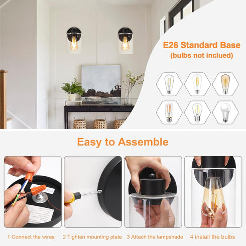 (E26 1pcs) Kalium Wall Sconces, Matte Black Vanity Light Fixtures, Indoor Wall Lights with Clear Glass Shade, Hardwired