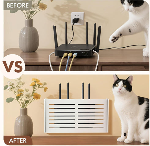OVECIOPO Router Shelf Wall Mount WiFi Router Box Hider Modem Cover with Cable Management Power Strip Organizer Storage