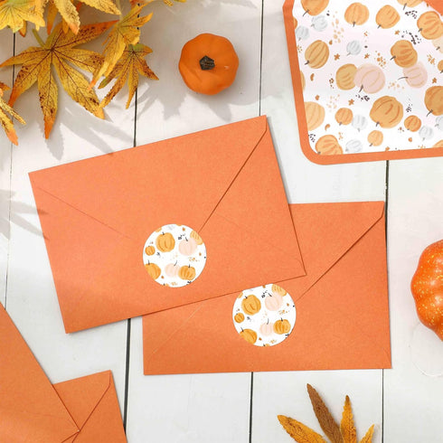 Whaline 50Pcs Fall Invitation Envelopes, Orange Pumpkin Greeting Card Holders with Stickers, V-Flap Envelopes Gift Card