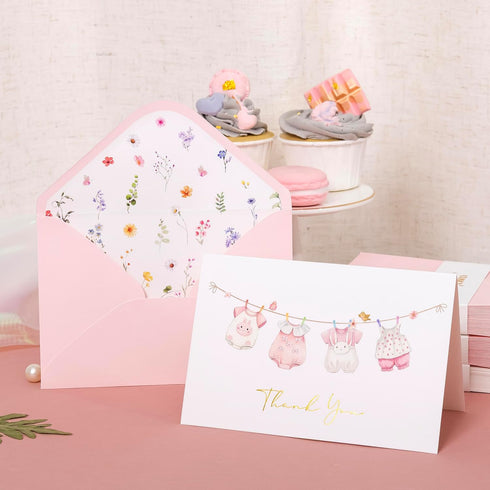 50 Pack Crisky Pink Baby Shower Thank You Cards with Envelopes & Stickers, Baby Girl Thank You Cards Bulk