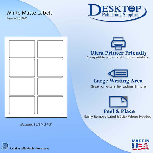 Blank Printable Adhesive Name Tag Stickers, 3 3/8" x 2 1/3" - Inkjet/Laser Compatible (8 per Sheet) 10 Sheets - 80