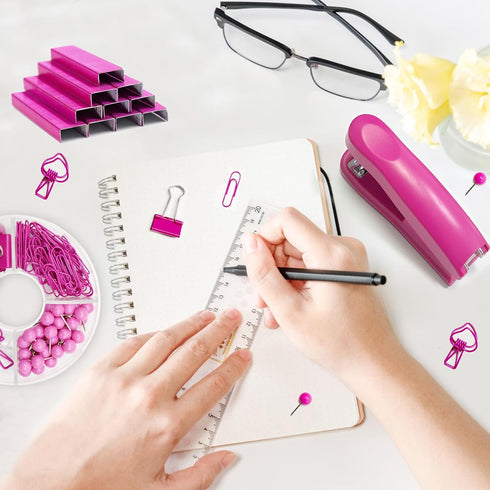 UPIHO Hot Pink Office Supplies Set, Stapler and Tape Dispenser with Clips, Scissors, and Sticky Notes
