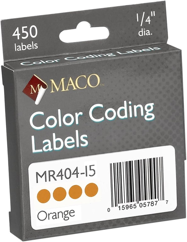 MACO Orange Round Color Coding Labels, 1/4 Inches Diameter, 450 Per Dispenser Box (MR404-15)