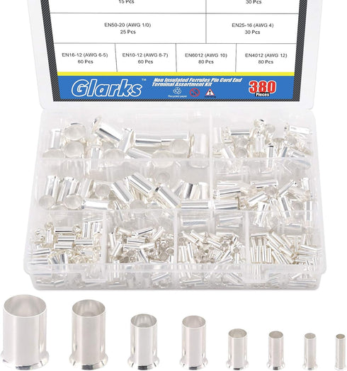 Glarks 380Pcs Wire Ferrules Kit, 8 Sizes AWG 12 10 8 6 4 2 1 2/0, Silver Plated Copper Crimp Connector Assortment