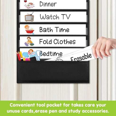 EAMAY Teacher Daily Schedule Pocket Chart, Black Classroom Chart with 18 Reusable Custom Cards